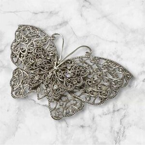 Vintage Silver Rhinestone Butterfly Large Barrette Hair Clip Ornate Y2K Grunge